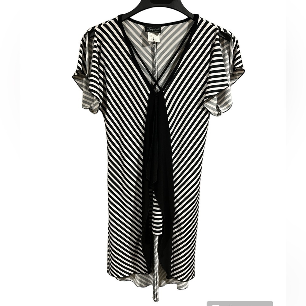Vintage‎ 70’s Crystal Black White Stripe Open Shoulder Mini Dress XS Emo Goth